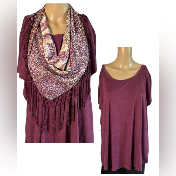 fringe scarf,attached to burgundy top, detachable,boho,macrame,western,office - Picture 1 of 14